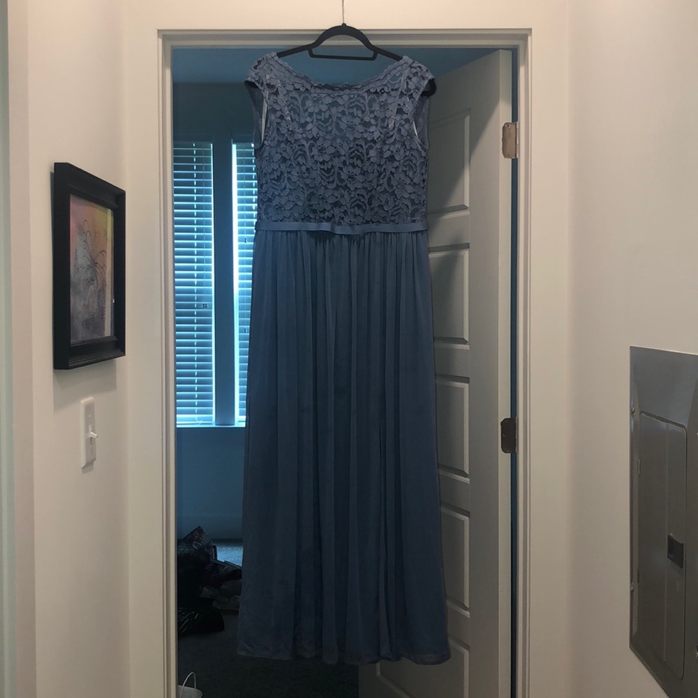 Steel blue David’s bridal bridesmaid dress